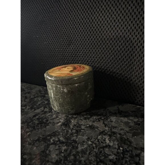 Vintage Green Marble Trinket Box With Painted Portrait Lid Small Round Stone Con - Picture 5 of 7